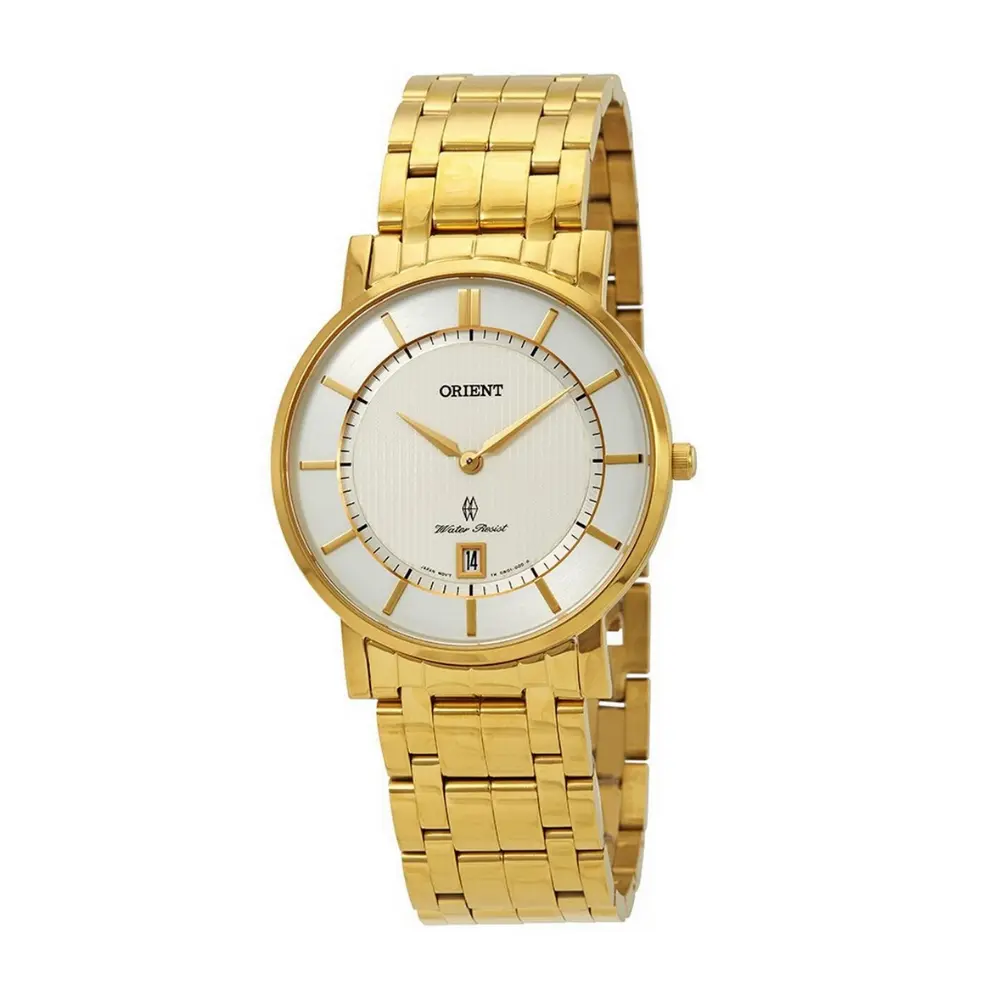 Reloj Orient Classico tono dorado acero inoxidable esfera blanca cuarzo FGW01001W Unisex